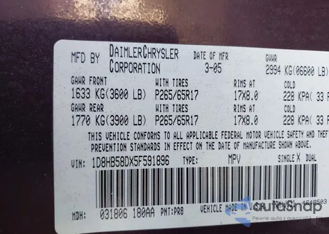 2005 Dodge Durango Slt from USA, damaged, VIN 1D4HB48D35F617427